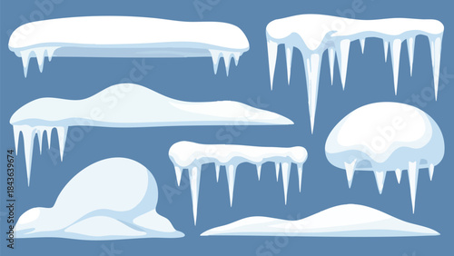 Set of Various Snowdrifts and Icicles in Cartoon Style for Winter Decoration and Seasonal Graphics