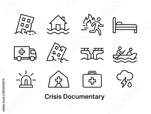 Crisis Response Icons. Crisis Documentary. Line icon set of Cris
