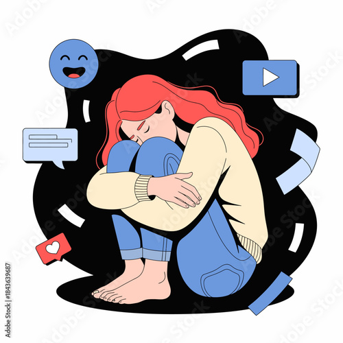 A young woman appears overwhelmed and anxious, curled up in a protective pose, representing the emotional struggle with digital noise and societal pressures.