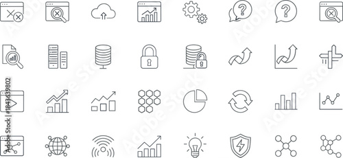 Thin line business analytics icon set illustration featuring data charts cloud security and technology symbols with editable stroke