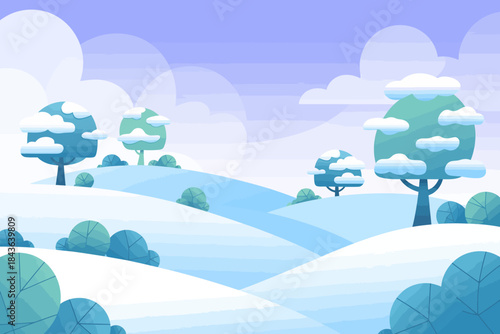 A serene winter landscape showcases gentle snow-covered hills and stylized trees, creating a peaceful atmosphere with soft colors and fluffy clouds in the sky.
