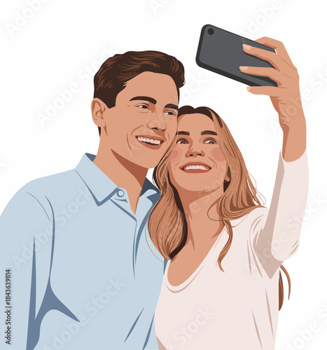 A joyful couple captures a moment with a selfie, radiating happiness and love in their expressions, perfect for themes of relationships and shared experiences.