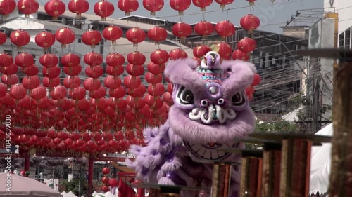 Chinese lion dance performing, Slow motion.