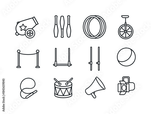 Circus Props Icons. Circus props. Line icon set of Circus props: