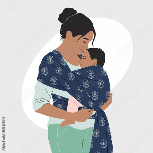 A serene illustration of a loving mother gently cradling her baby in a beautifully designed sling wrap, symbolizing warmth, care, and connection between parent and child.