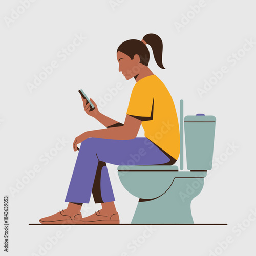 An illustration showing a person sitting on a toilet, engaged in using their phone, highlighting the intersection of daily life and digital habits in a humorous manner.