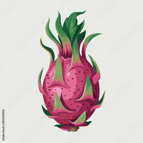 A strikingly colorful dragon fruit stands out with its vibrant pink skin and green leaves, representing exotic flavors and the enchanting treasures of tropical fruits.