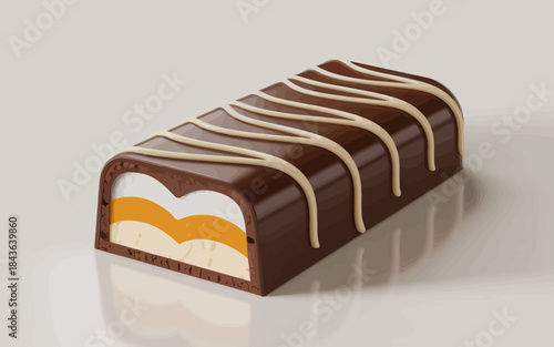 A mouthwatering chocolate cake with layers of orange and vanilla filling, beautifully drizzled with white chocolate for an eye-catching dessert presentation.