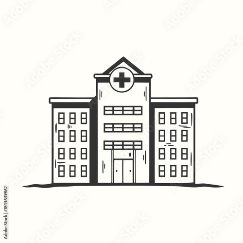 The modern grey building displays a prominent red cross atop its triangular architectural facade