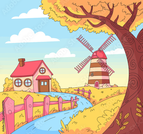 A picturesque countryside landscape featuring a quaint house, a traditional windmill, and a flowing stream, embodying tranquility and rural charm.