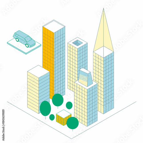 This abstract cityscape illustrates modern buildings and a car, symbolizing urban life and contemporary architectural trends in a fun, colorful style.