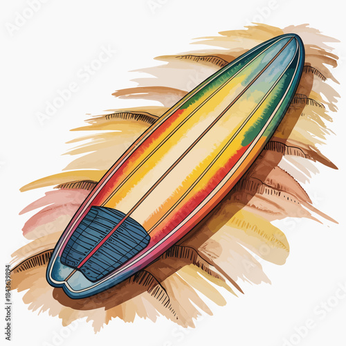 A vibrant surfboard lies on the sandy beach, showcasing a beautiful design with multiple colors, inviting surfing enthusiasts to embrace a day of adventure by the waves.