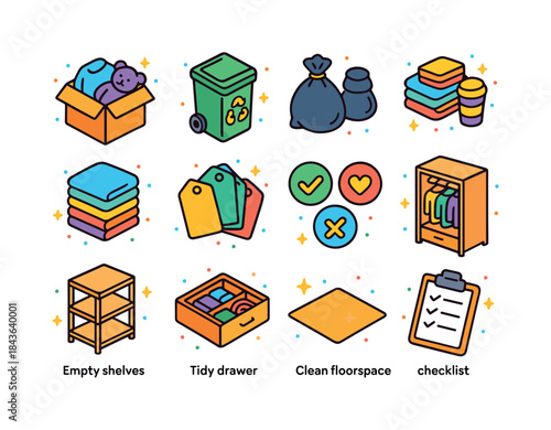Colorful Decluttering Icons. Decluttering. Colorful isometric ve