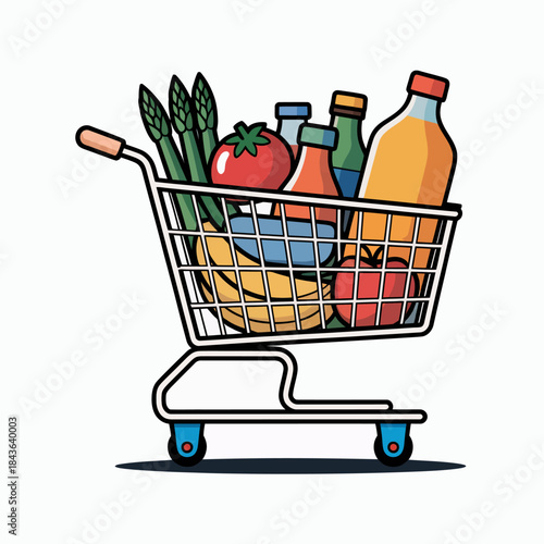 A colorful grocery cart overflowing with fresh fruits, vegetables, and beverages depicts the importance of healthy eating and the joy of shopping for essentials.