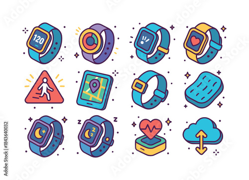 Elderly Tracker Icons. Elderly activity trackers. Colorful isome