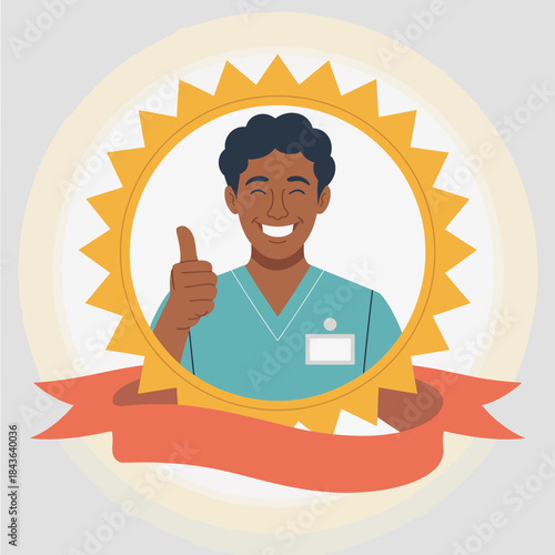 A cheerful nurse gives a thumbs up inside a medal-like badge, representing dedication, professionalism, and recognition in the healthcare industry and emphasizing teamwork.