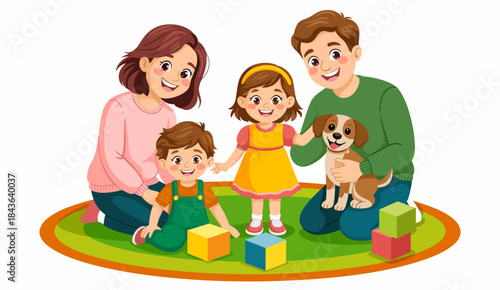 A cheerful family consisting of two adults and two children enjoying playtime on a colorful rug, accompanied by their cute dog, embodying love and togetherness.