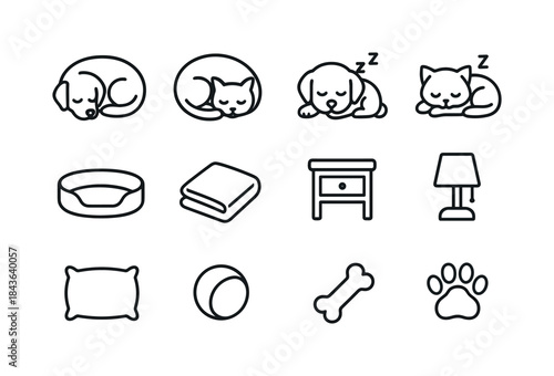Bedtime Pets Icons. Bedtime Pets. Line icon set of Bedtime Pets: