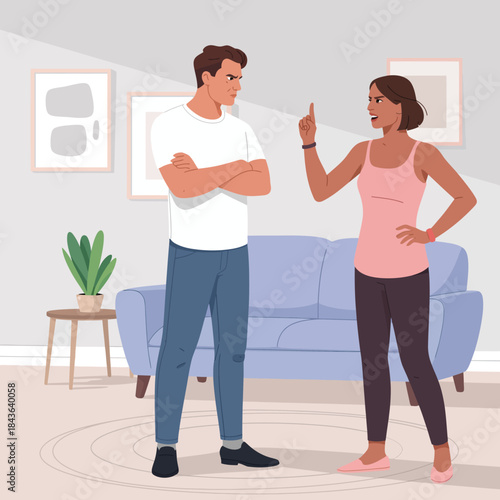 A tense scene featuring a couple arguing in a cozy living room, showcasing their emotions and body language while discussing an important topic between them.