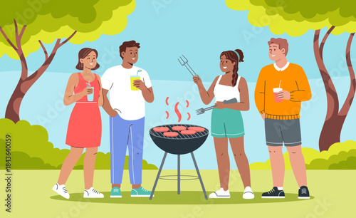A group of diverse friends is gathered around a barbecue grill, sharing laughter and good food, demonstrating the joy of friendship and outdoor gatherings in nature.
