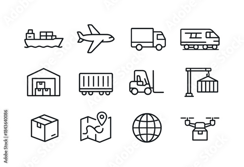 Global Supply Icons. Global supply chains. Line icon set of Glob