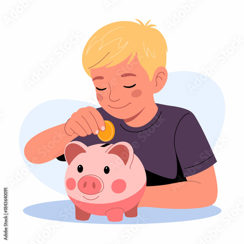 This charming image illustrates a young boy happily saving coins in a piggy bank, reflecting themes of financial literacy, saving habits, and childhood aspirations for a secure future.