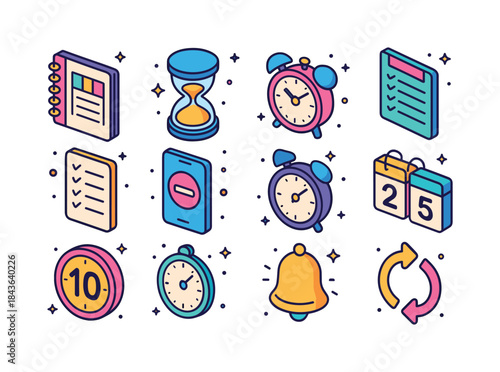 Colorful Time Management Icons. time management. Colorful isomet