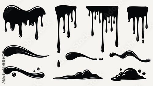 Collection of black liquid drips and splashes, representing paint, oil, or ink for graphic design elements.