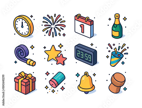 New Year Icons. New Year Symbols. Colorful isometric vector icon