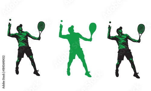 Three green silhouettes of tennis players serving a ball with rackets