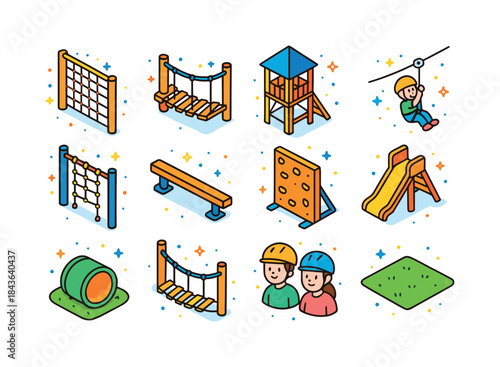Adventure Playground Icons. Adventure playground. Colorful isome