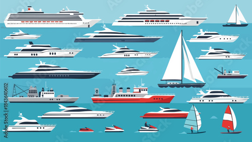 Collection of Various Boats and Ships on Turquoise Water: Cruise Ship, Yachts, Sailboats, Watercraft.