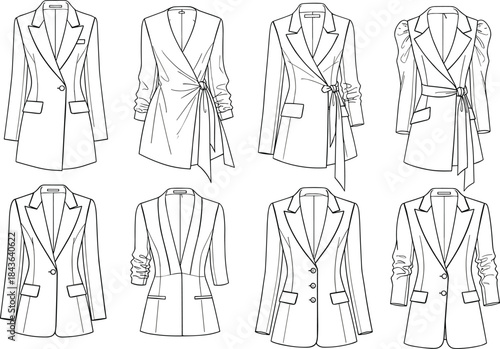 Vector Template Collection of Fashion Flat Technical Sketches for Modern Blazers, Wrap Jackets, and Puff Sleeve Coat Designs.