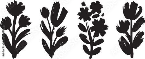 Floral Silhouette Icon Set Featuring Stylized Wildflowers, Botanical Stems, and Decorative Bloom Shapes in Black Vector Style
