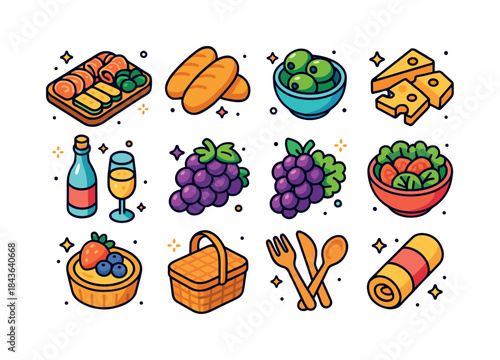 Gourmet Picnic Icons. Gourmet Picnic. Colorful isometric vector
