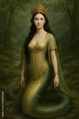 Mystical serpent queen wearing golden crown in lush green forest