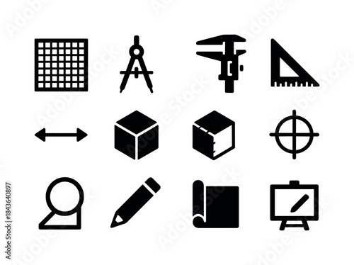 Technical Drawing Icons. Technical drawing. Solid icon set of Te