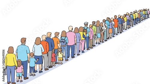 Diverse crowd forming a long queue, symbolizing waiting and collective activity.