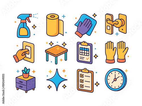Bright Cleaning Icons. Daily cleaning habits. Colorful isometric