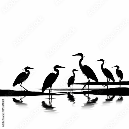 Silhouette of a Flock of Herons Standing in Water.