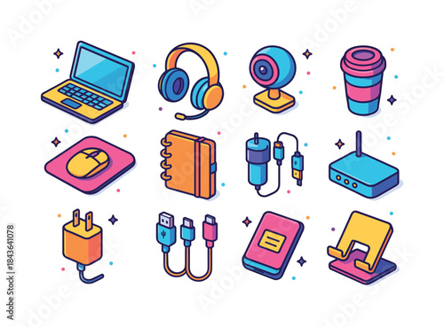 Colorful Remote Work Icons. Remote work gear. Colorful isometric