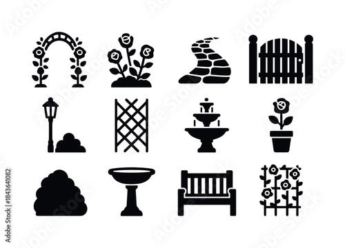 Rose Garden Icons. Rose Garden Path. Solid icon set of Rose Gard