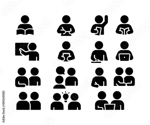 Study Group Icons. Students in study groups. Solid icon set of s