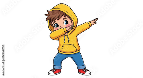 Cartoon boy in yellow hoodie dabbing isolated on a white background cheerful and cute pose to