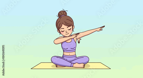 Cartoon yoga girl in lotus position stretching arm with closed eyes on mat exercise