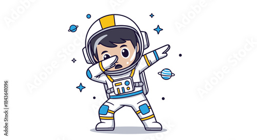 Cartoon astronaut character doing a dab dance, isolated on a white background