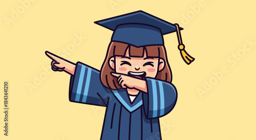 Cartoon graduate in cap and gown striking dab pose, representing educational success and celebration