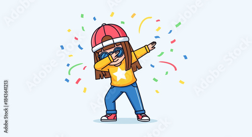 Cartoon girl with cap and sunglasses making dab dance surrounded by confetti vector illustration