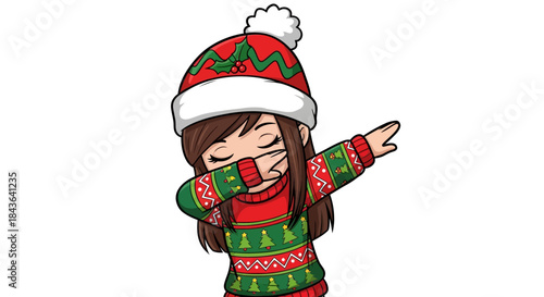 Charming cartoon girl dabbing in a festive christmas sweater adding cheerfulness and charm perfect