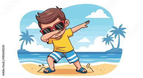 Cartoon boy dabbing on the beach with sunglasses embodying carefree summer days vacation